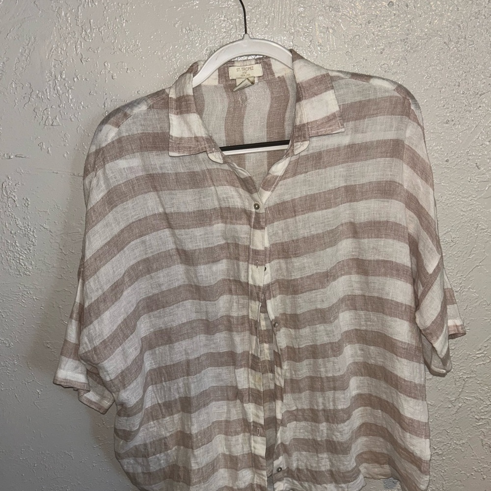 Linen Lace Striped Button-Up Shirt